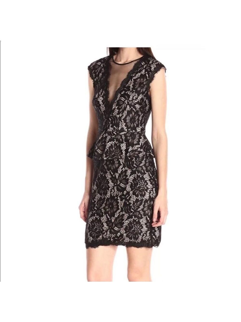 Betsy & Adam Black Lace Open Back Peplum Dress Size 2